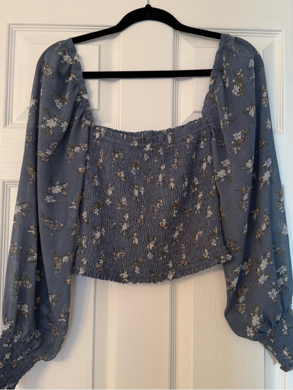 Blue Floral Smocked Square-Neck Women's Top